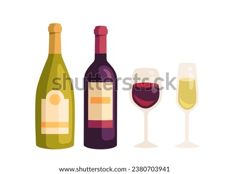 Wine production set. Luxury bottles and glasses with alcoholic drinks. Beverage and tasty liquid. Menu cafe or restaurant. Cartoon flat vector collection isolated on white background