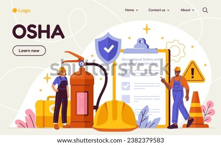 Protection and safety of workers. Occupational safety regulation and health inspection. Landing page template with OSHA. Employee life insurance and injury prevention. Cartoon flat vector illustration