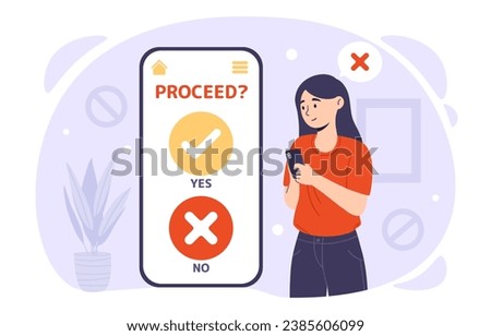 Woman cancel at phone concept. Young girl with smartphone with buttons yes and no. Choice and decision. UI and UX design. Cartoon flat vector illustration isolated on white background