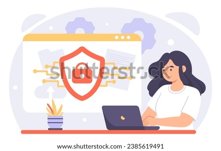 Cybersecurity online concept. Woman sitting at laptop with shield. Protection of personal data and information. Prevention of hacking, antivirus. Cartoon flat vector illustration