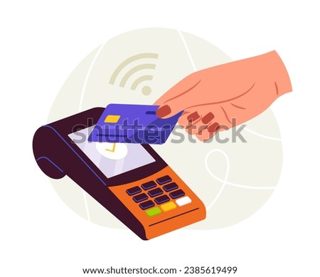 Contactless payment concept. Credit card with atm terminal. Digital transfers and transactions. Client in shop or store. Cartoon flat vector illustration isolated on white background