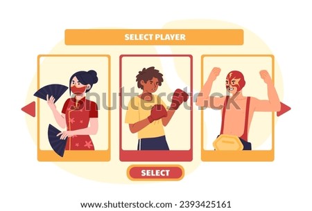 Select player to game concept. Man and wiman with girl at fighter and arcade video game. Entertainment and leisure, fun. Cartoon flat vector illustration isolated on white background