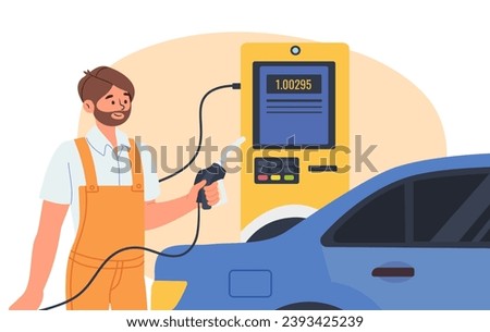 Man refuels car concept. Fuel for transport with gasoline. Worker in uniform at gas station. Travel and trip. Poster or banner. Cartoon flat vector illustration isolated on white background
