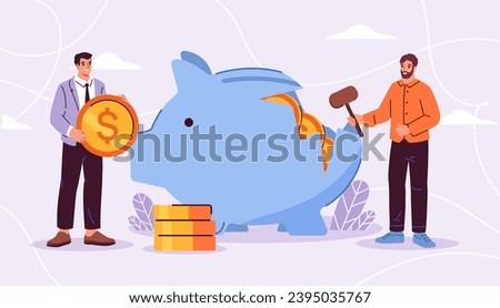 People with piggy bank concept. Men break blue pig and give golden coins. Financial literacy and occupation. Savings and budget. Cartoon flat vector illustration isolated on blue background
