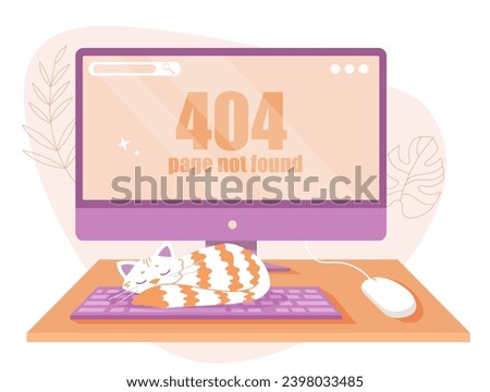 Error 404 at computer screen concept. Cat sleeps near monitor and keyboard. Broken link address for website and webpage. Cartoon flat vector illustration isolated on white background