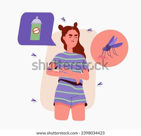 Girl bitten by mosquitoes concept. Woman suffer from insects. Spray for protectin skin. Spring and summer season. Cartoon flat vector illustration isolated on white background