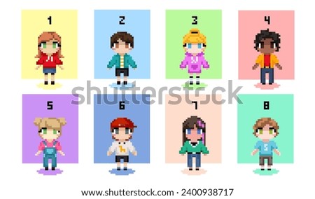 Set of people in pixel art style. Retro icons with multiethnic boys and girls preschoolers or teenagers. 8 bit design elements for games. Cartoon flat vector collection isolated on white background