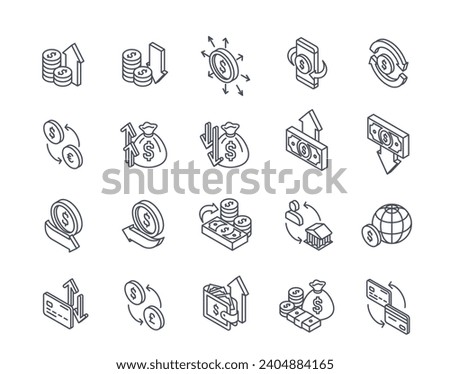 Set of Money flow Related Line Icons. Currency exchange, income growth, investing, payment for purchases, transaction and cash back. Outline simple vector collection isolated on white background