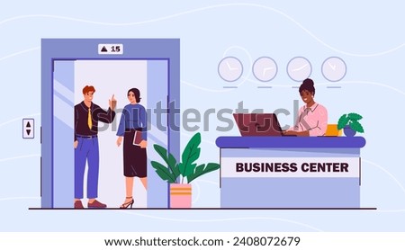 People in elevator. Man and woman in office or at hotel. Colleagues and partners chatting indoor. Scene in business center. Cartoon flat vector illustration isolated on blue background