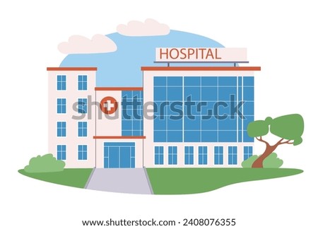 Hospital building concept. Medical occupation, health care and medicine. Urban infrastructure and architecture. House with white cross. Cartoon flat vector illustration isolated on white background