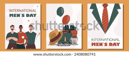 International mens day posters set. Traditional holiday and festival. Young guys with cigars and mustache. Tie, glasses and hat. Cartoon flat vector collection isolated on yellow background