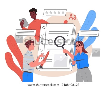 Script check concept. Programmers and IT specialists check code. Development of programs and applications, software. Users with guidebook and tutorial. Cartoon flat vector illustration