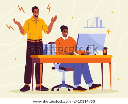 Conflict in team concept. Two men with computer monitor. Boss scream at lazy worker. Negative mood and atmosphere in office. Poor organization of work process. Cartoon flat vector illustration