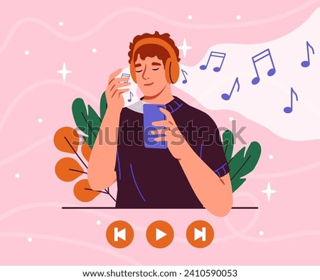 Listening to music concept. Man in headphones with smartphone. Music lover in earphones with player. Playlist with favorite songs and audio files. Cartoon flat vector illustration