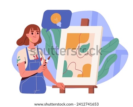 Woman draw picture. Young girl with painbrush near canvas. Creativity and art. Artist in studio or workshop. Education and learning. Cartoon flat vector illustration isolated on white background