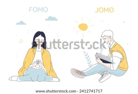 Fomo and jomo syndrome linear. Man and woman with different mental ways to cope with stress. Psychological infographics. Doodle flat vector illustration isolated on white mackground