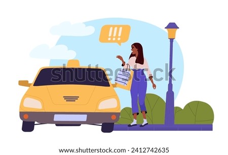 Girl calls taxi concept. Woman waiting for yellow car. Urban infrastructure. Travel and trip. Tourist in holiday or at vacation. Cartoon flat vector illustration isolated on white background