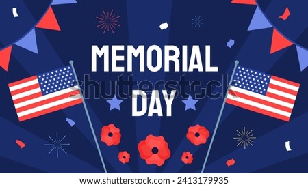 Memorial Day poster. American flag near red flowers and decorative flags. Traditional holiday and festival. Memory for army and warriors, soldiers. Cartoon flat vector illustration