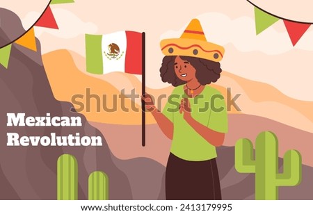 Mexican revolution poster. Woman in sombrero with traditional flag. Spanish cculture and ethnicity, history. Young girl near cactuses and colorful flags. Cartoon flat vector illustration