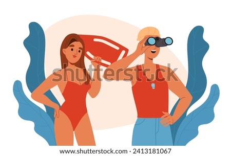 Rescuers at beach concept. Man with binocular and woman in red swimsuit stands at coastline. Holiday and vacation in tropical and exoric countries. Cartoon flat vector illustration