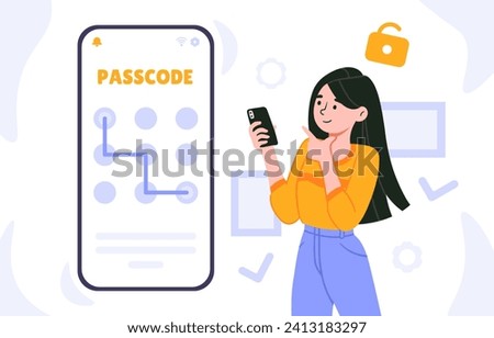 Woman unlock phone screen. Protection of personal data at smartphone. Young girl get access to mbile phone. Password for hide information at touchscreen. Cartoon flat vector illustration
