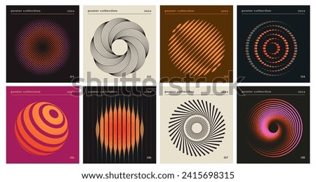 Set of abstract retro posters with circles. Geometric flyers with unusual shapes and inscriptions. Music Album Cover or Swiss Design. Cartoon flat vector illustrations isolated on white background