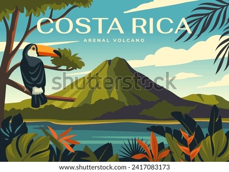 Travel destination poster. Beautiful natural landscape with tropical plants, exotic bird, sea and mountains of Costa Rica. Tourism, vacation and summer journey. Cartoon flat vector illustration