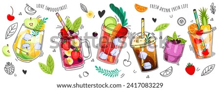 Set of fresh smoothies in doodle style. Delicious soft drinks, fruit juices and mixed cocktails in different glasses. Refreshing beverages. Cartoon flat vector illustrations isolated on background
