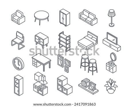 Set of linear furniture icons. Thin symbols of bed, table, TV, armchair, wardrobe, sofa. Editable Stroke. Design for home interior. Outline isometric vector collection isolated on white background