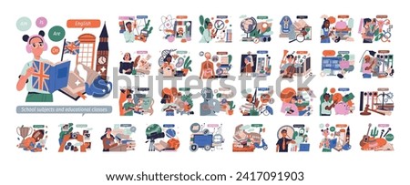 Big set of school subjects. Happy guy and girl students study different educational class. Math, chemistry, literature, biology, English. Cartoon flat vector illustrations isolated on white background