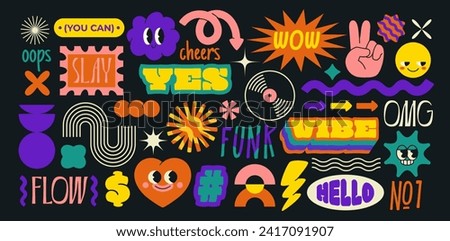 Set of groovy abstract stickers in brutalism style. Playful geometric shapes, hearts, trendy inscriptions and waves. Retro badges in 90s style. Cartoon flat vector collection isolated on background