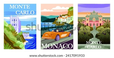 Set of Travel Destination Posters. Landscapes of Monaco and Monte Carlo with beach, historical landmarks and cityscape. Tourism and vacation. Cartoon flat vector illustrations isolated on background