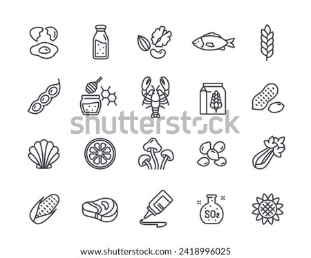 Set of linear allergens icons. Eggs, milk, seafood, mushrooms and nuts. Design elements for application or website. Healthy lifestyle. Outline simple vector collection isolated on white background