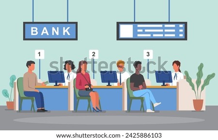 Interior of modern banking office with customers and employees. The concept of providing banking services. Credit managers and consultants sit at computers and serve clients. Flat vector illustration