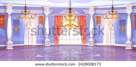 Ballroom interior. Beautiful banquet hall in royal medieval castle with curtains, baroque columns and chandeliers. Empty room for ceremony and events. Banner Design. Cartoon flat vector illustration