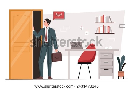 End of working day concept. Businessman with briefcase go to exit. Worker or employee near doorway. Entrepreneur leave workplace. Cartoon flat vector illustration isolated on white background