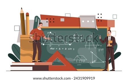 Mathematician near chalkboard. Two men near blackboard with formulas. Lecture in university. Education, learning and training. Cartoon flat vector illustration isolated on white background