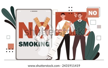 No smoking concept. Two men with cigarettes near smarrtphone. Refusal from tobacco and nicotine. Healthy lifestyle without bad habits. Cartoon flat vector illustration isolated on white background