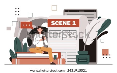 Screenwriter woman concept. Young girl with smartphone sitting at book. Talented author. Creativity and art. Character writes script for film or TV series. Cartoon flat vector illustration
