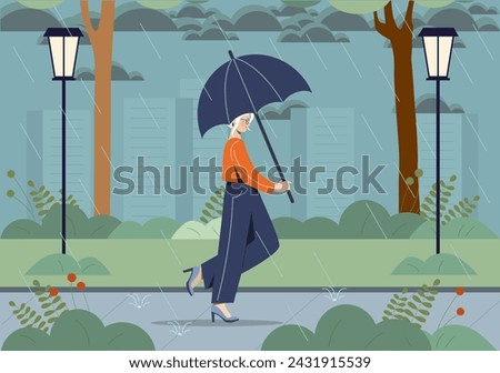 Woman walk in rainy weather. Young girl with dark umbrella walk at city park. Wet street. Fashion, elegance and aesthetics. Autumn and fall season. Cartoon flat vector illustration