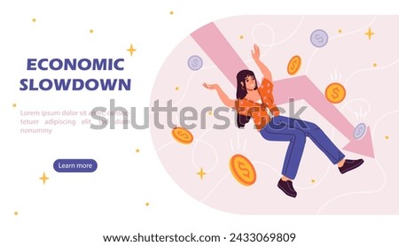 Woman with economic slowdown. Young girl with falling graphs and diagrams. Recession and depression, banruptcy and crysis. Landing webpage design. Cartoon flat vector illustration