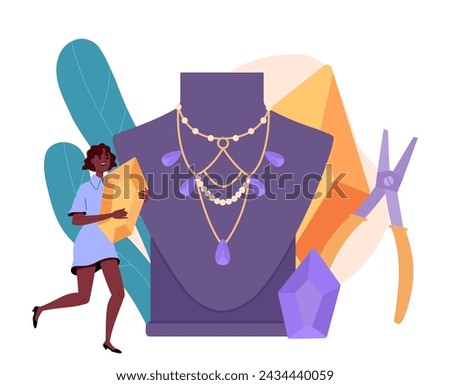 Handmade decoration concept. Woman with jewelry near dummy and mannequin. Elegance and aesthetics. Young girl with accessories. Cartoon flat vector illustration isolated on white background