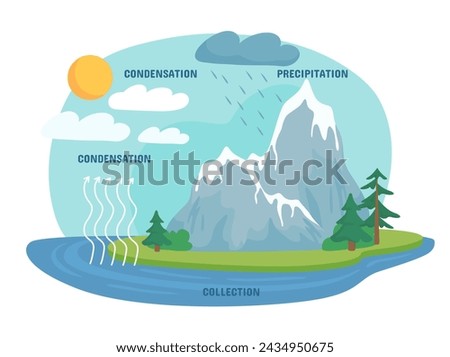 Rain infographics concept. Collection, condensation and precepitation processes in nature. Educational material for schoolers. Cartoon flat vector illustration isolated on white background