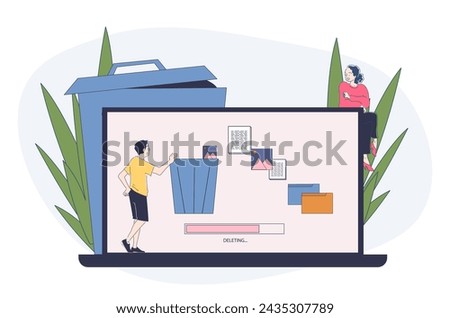 Laptop trash bin simple. Man and woman near computer with documents and files. Deleting of files and folders. Destroying of information. Doodle flat vector illustraton isolated on white background