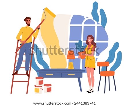 People repairs room. Man and woman painting walls with paintrollers. Renovation indoor. Comfort and coziness in apartment. Cartoon flat vector illustration isolated on white background