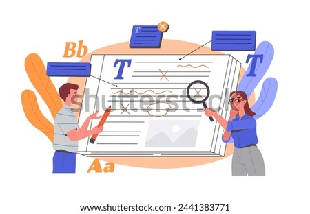 People correct text concept. Man and woman with magnifying glass look at article. Editors work with copyriters. Grammar mistakes. Cartoon flat vector illustration isolated on white background