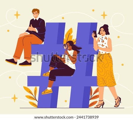 People with hashtag. Man and women near big bue sign. Promotion in social networks and messengers. Communication on internet. Sharing interesting content. Cartoon flat vector illustration