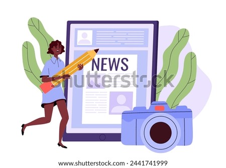 Development of news concept. Woman with huge pencil and video camera near smartphone or digital tablet with online newspaper. Mass media worker, journalist. Cartoon flat vector illustration