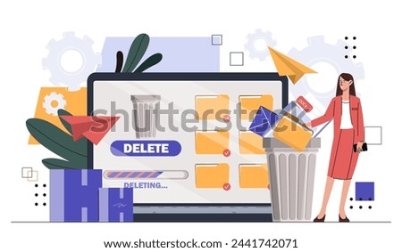 Woman with deleting data. Young girl with folders with files near trashcan. Empty space at storage and archives. Person delete folders. Cartoon flat vector illustration isolated on white background