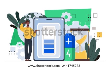 Man with battery charge. Young guy near smartphone with battery. Energy and electricity. Accumulator at phone. Gadget and device. Cartoon flat vector illustration isolated on white background